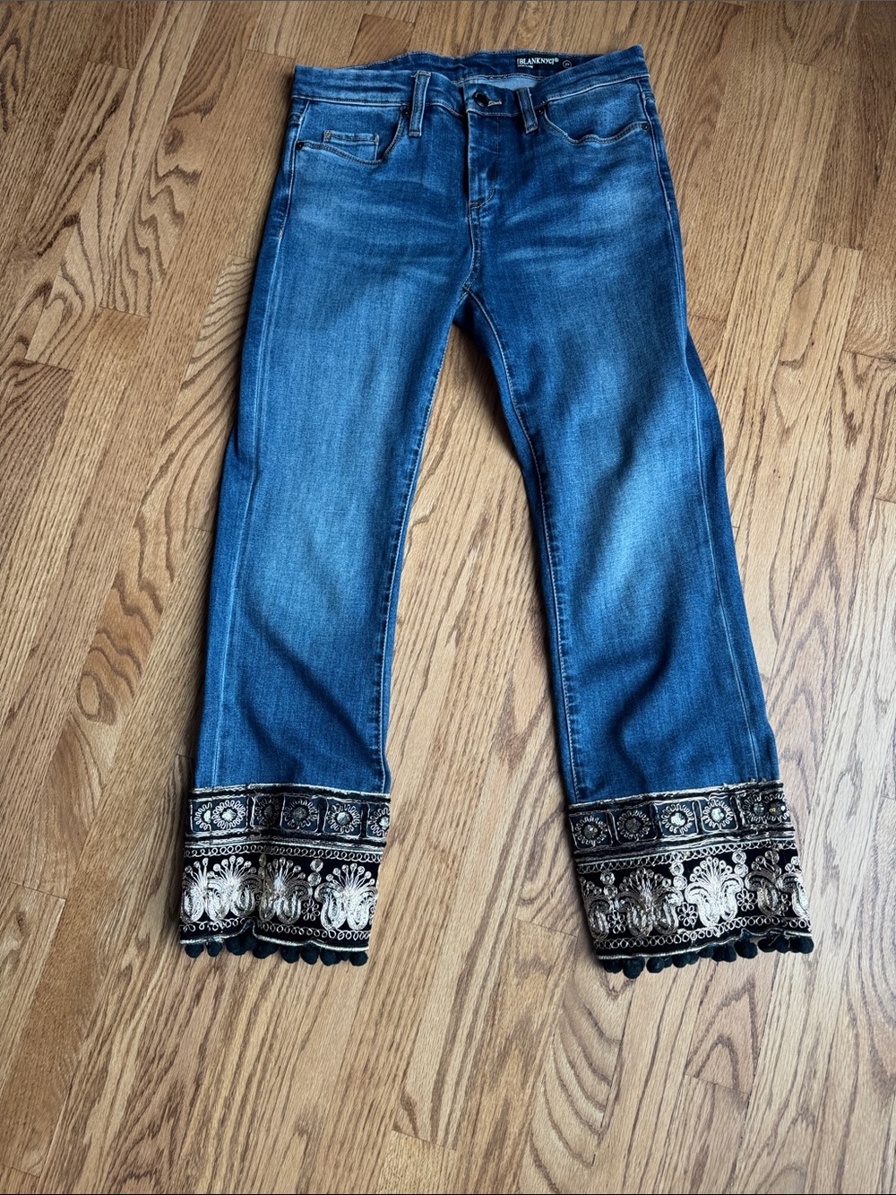 Blank NYC Blue FlareJeans with Black & Gold Embroidered Cuffs